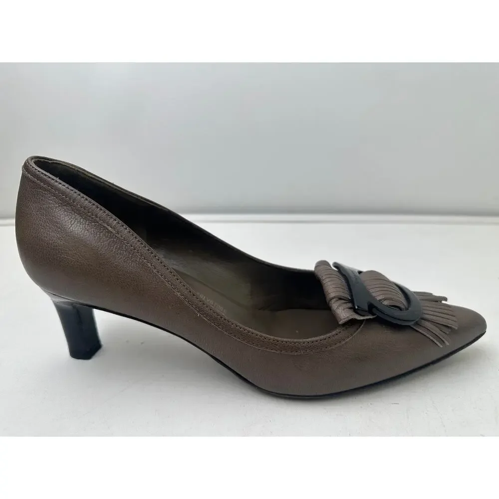 VTG Salvatore Ferragamo Taupe Leather Fringe Pointed Toe Heels Women's Sz 7.5 - Picture 3 of 10